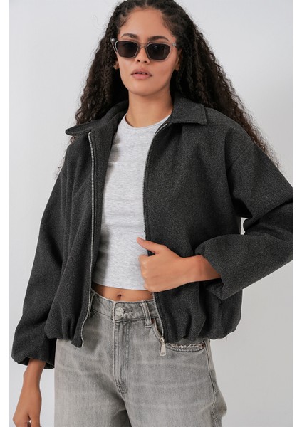 Kadın Büzgülü Oversize Kaşe Ceket 0728 - Antrasit modelleri
