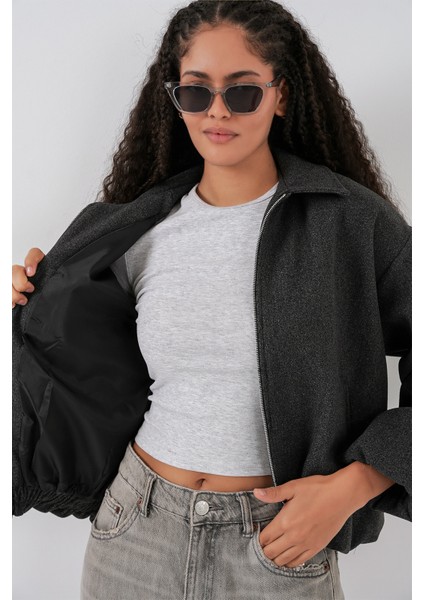 Kadın Büzgülü Oversize Kaşe Ceket 0728 - Antrasit indirimleri