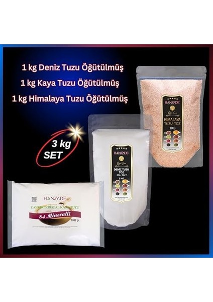 Hanzade Bitkisel Çankırı Kaya Tuzu + Himalaya Tuzu + Deniz Tuzu (Toz Öğütülmüş, 1 kg x 3’lü Set) Doğal Tuz Seti modelleri