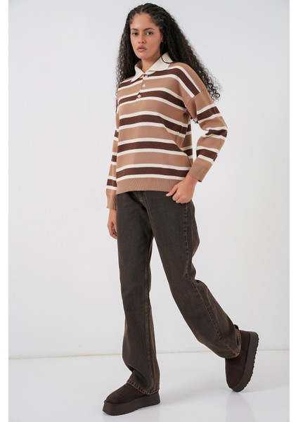 Kadın Çizgili Polo Yaka Triko Kazak 15952 - Vizon fiyatları