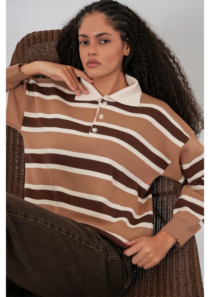 Kadın Çizgili Polo Yaka Triko Kazak 15952 - Vizon modelleri