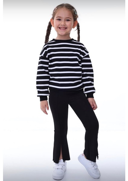 Kız Çocuk Ispanyol Paça Taytlı Siyah Beyaz Çizgili Ikili Takım