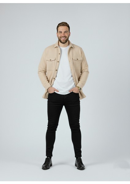 Erkek Slim Fit Düğmeli Yaka Çift Cepli Düz Siyah Polar Erkek Gömlek