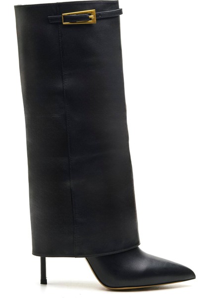 Anzar Siyah Hakiki Deri Kadın Topuklu Çizme