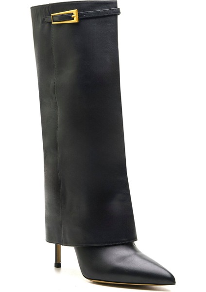 Anzar Siyah Hakiki Deri Kadın Topuklu Çizme fiyatları