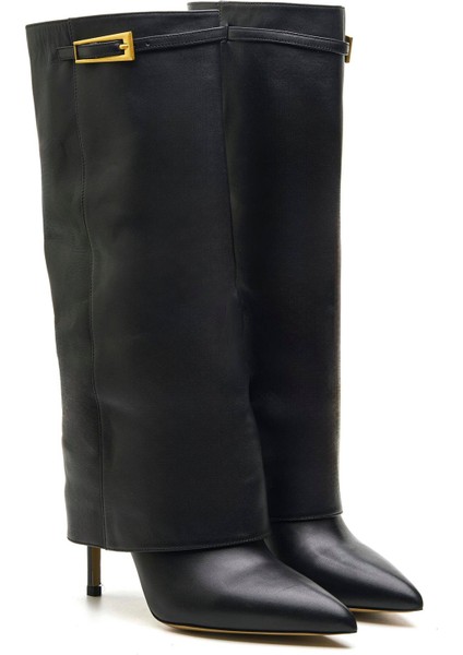 Anzar Siyah Hakiki Deri Kadın Topuklu Çizme modelleri