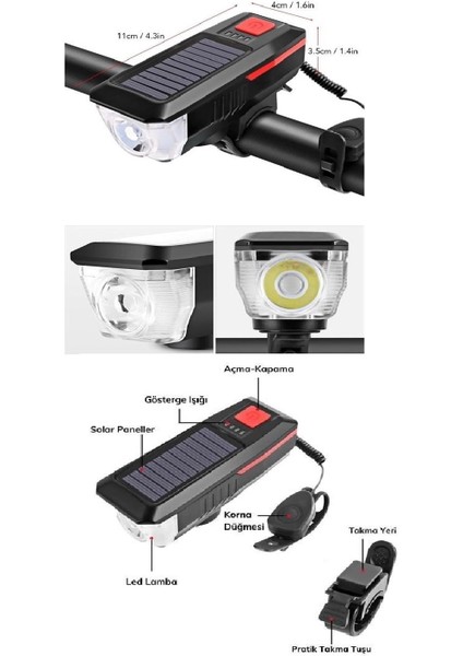 Solar Ledli Bisiklet Feneri Kornalı USB ile Şarj Edilebilir Su Geçirmez Far indirimleri
