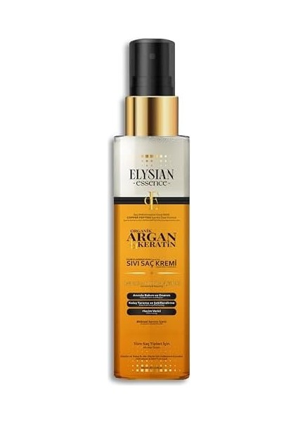Elysian Essence Organik Argan & Keratin Sıvı Saç Kremi – Durulanmayan, Dökülme Karşıtı, Onarıcı ve Dolgunlaştırıcı Bakım Spreyi 150 ml