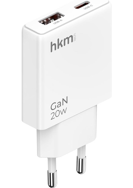 Hkm Tech Extra Slım Gan 20W Usb-A ve Type-C Çift Portlu Hızlı Şarj Aleti, Ultra Ince Güç Adaptörü, Beyaz
