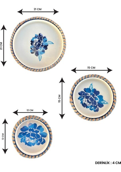 Mavi Çiçek Desenli Hasır Görünümlü Sunum Seti – 3 Parça El Yapımı Sofra Takımı