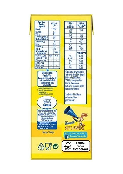 Nesquik Kakaolu Süt, 180 ml x 27 fiyatları