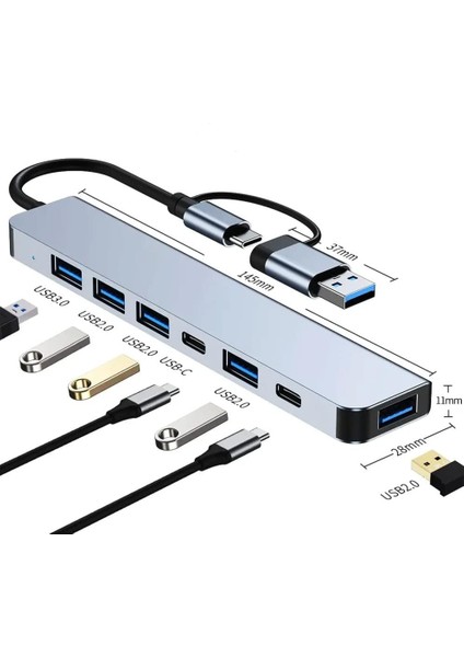 Çoklayıcı Adaptör 7in1 Usb/type-C To USB A, USB C Uyumlu Çevirici Adaptör Çok Portlu Çoklayıcı 7 In 1 USB Hub (Gri)