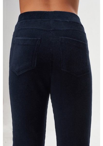 Açık Lacivert Kız Çocuk Cepli Fitilli Kadife Tayt