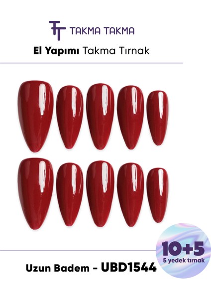 15'li Bordo Uzun Badem UBD1544 Tekrar Kullanılabilir El Yapımı Protez Takma Tırnak - Bordo-L