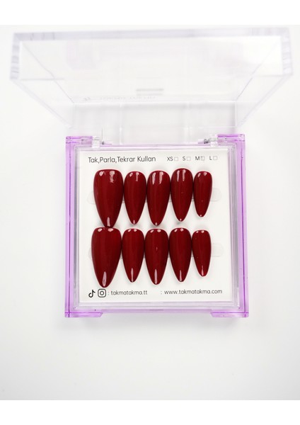 15'li Bordo Uzun Badem UBD1544 Tekrar Kullanılabilir El Yapımı Protez Takma Tırnak - Bordo-L modelleri