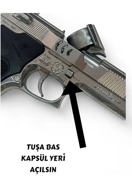 Gri Metal Silah 20 cm Mantar Kapsül Atan Tabanca 144 Adet Kapsül Hediyeli fiyatları