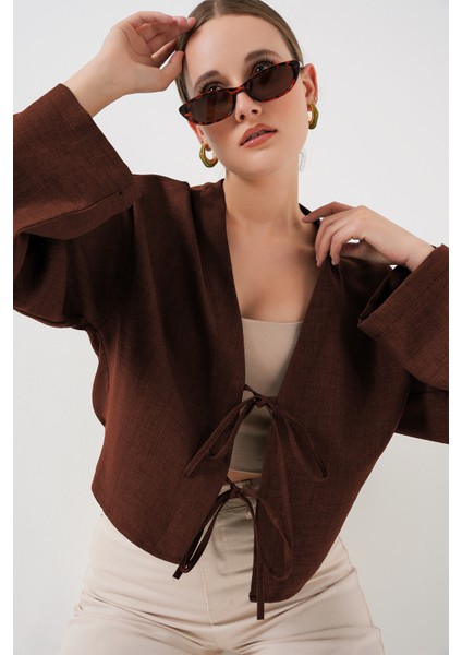 Önü Bağlamalı Keten Kimono 960 - Kahverengi