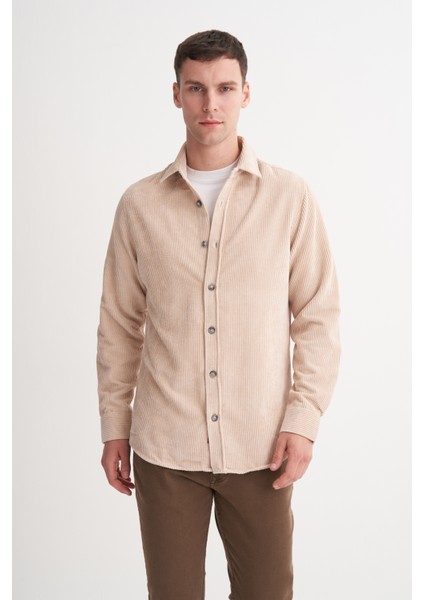 Caz 23035 Kalın Fitil Erkek Kadife Gömlek Bej