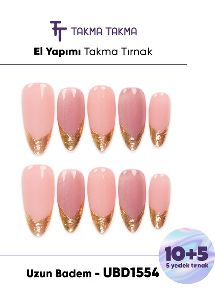 15'li Ten Rengi Uzun Badem UBD1554 Tekrar Kullanılabilir El Yapımı Protez Takma Tırnak - Ten Rengi-XS