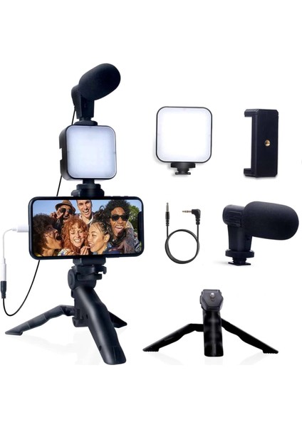 Akıllı Telefon Vlog Kiti Tripod Mini Mikrofonlu Telefon Tutucu indirimleri