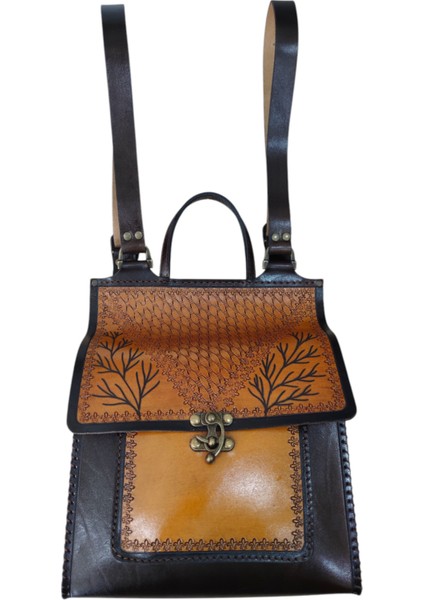 El Yapımı Hakiki Deri Dal Desenli Kadın Sırt Çantası - Vintage Tarz Laptop ve Iş Çantası - Kahverengi Rustik El Işçiliği Geniş Hacimli Model