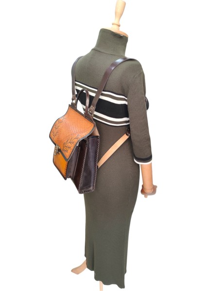 El Yapımı Hakiki Deri Dal Desenli Kadın Sırt Çantası - Vintage Tarz Laptop ve Iş Çantası - Kahverengi Rustik El Işçiliği Geniş Hacimli Model