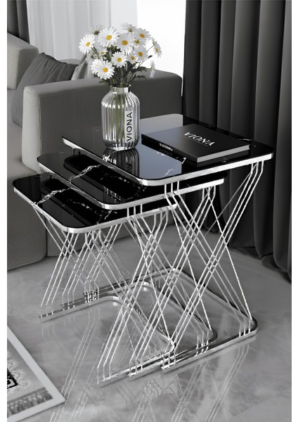 Miray 3'lü Krom Ayak - Siyah Mermer Desen Suntalam - Hasır Zigon Sehpa & Yan Sehpa