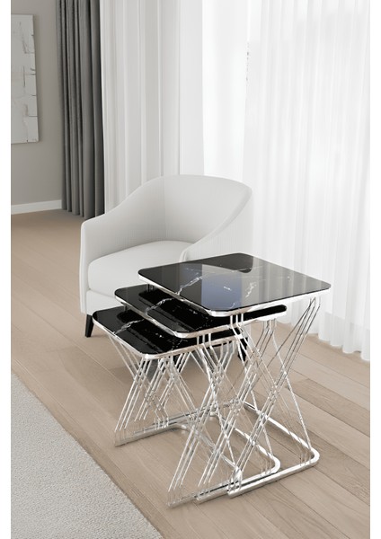 Miray 3'lü Krom Ayak - Siyah Mermer Desen Suntalam - Hasır Zigon Sehpa & Yan Sehpa fiyatları