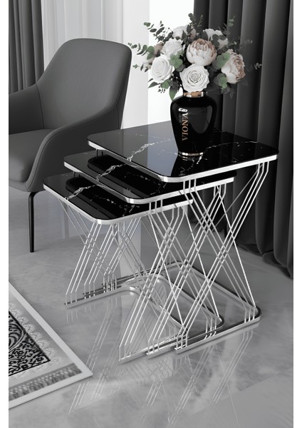 Miray 3'lü Krom Ayak - Siyah Mermer Desen Suntalam - Hasır Zigon Sehpa & Yan Sehpa modelleri