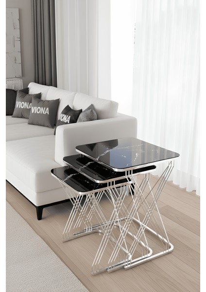 Miray 3'lü Krom Ayak - Siyah Mermer Desen Suntalam - Hasır Zigon Sehpa & Yan Sehpa fırsatları