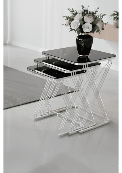 Miray 3'lü Krom Ayak - Siyah Mermer Desen Suntalam - Hasır Zigon Sehpa & Yan Sehpa indirimleri