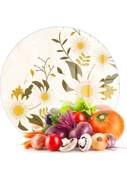 Cam Kesme Tahtası ve Sunumluk Yuvarlak Vintage Papatyalar 30X30 cm