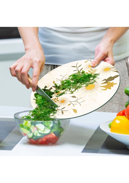 Cam Kesme Tahtası ve Sunumluk Yuvarlak Vintage Papatyalar 30X30 cm indirimleri