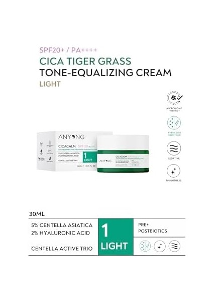 Anyong Cica Tiger Grass Ton Eşitleyici ve Kızarıklık Karşıtı Krem Light 20 Spf 30 ml Açık Cilt Tonları modelleri