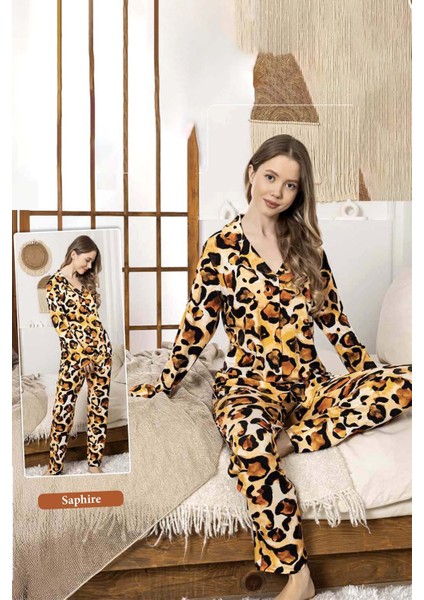 Kadın Leopar Desen Düğmeli Saphire Pijama Takımı 0336 Leopar