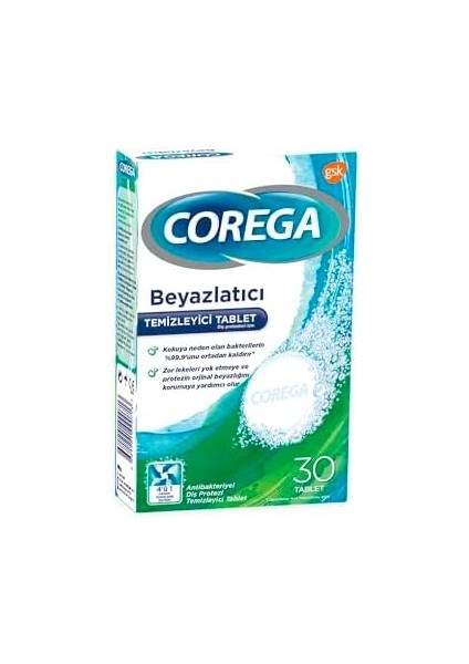 Corega Diş Protezi Temizleyici & Beyazlatıcı Tablet 30 Adet fiyatları