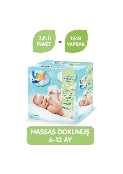 Uni Baby Hassas Dokunuş Islak Mendil, 24 x 52 Yaprak, 6 - 12 Ay modelleri