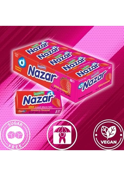 Nazar Şekersiz Sakız 5'li Kutu Çilek 20 Paket