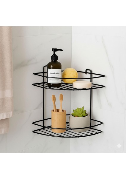 Iki Katlı Vidalı Duş Şampuanlık Köşe Rafı Banyo Organizeri Askılı Şampuanlık Düzenleyici Siyah