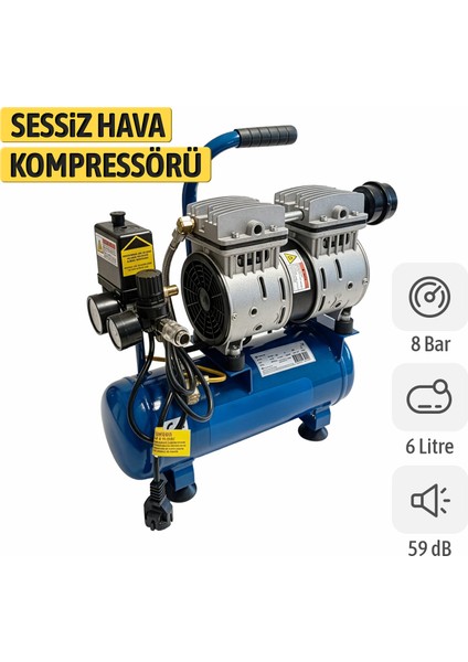 Yağsız FACEWS06 Sessiz Kompakt Kolay Taşınabilir Tekerleksiz Hava Kompresörü 6 Litre