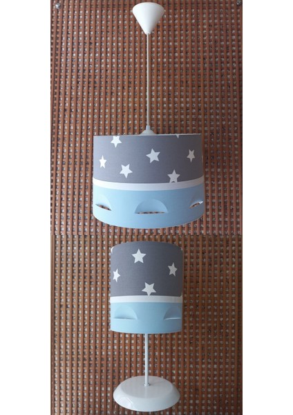 Gri Yıldızlı Mavi Motifli 2.li Set M-0400 Kumaş Kaplama Genç ve Çocuk Odası Avize ve Abajur Takımı