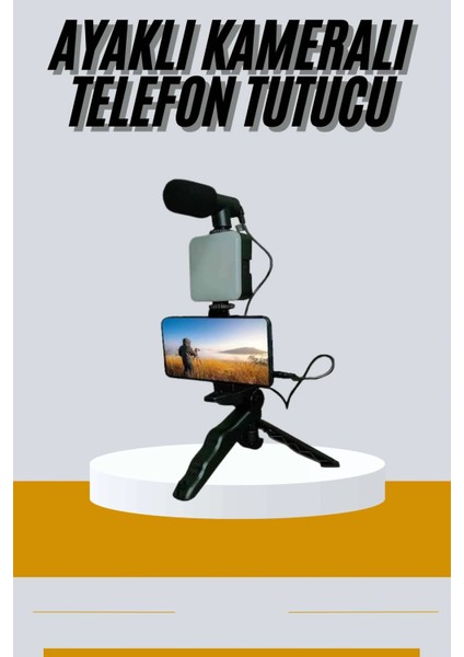 Tripod Telefon Tutucu Kumandalı Mikrofon LED Işık Vlog Video Kayıt