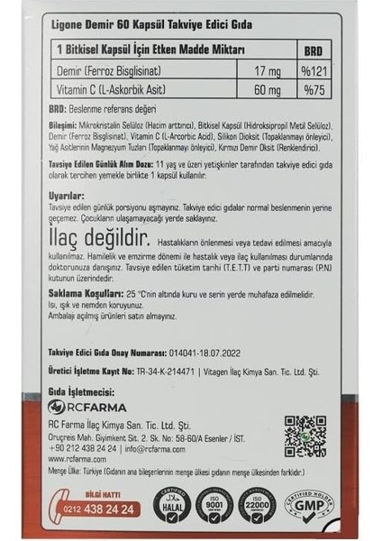 Ligone Demir 60 Kapsül Aromasız Renkli