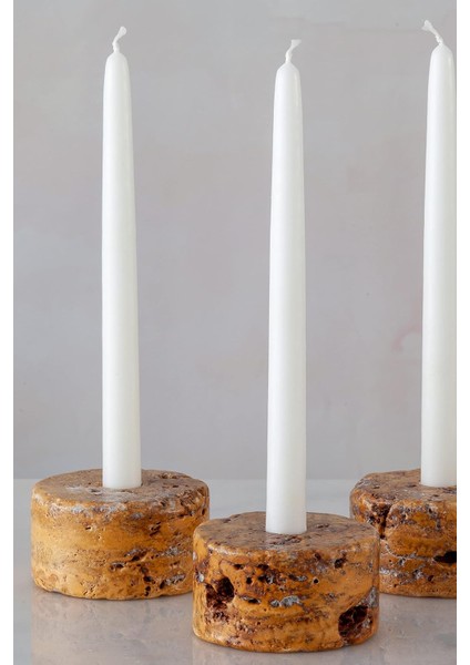 Traverten Mermer Şamdan Mumluk 3lü Set