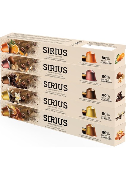 Sirius Premium Aromalı Kapsül Kahve 5'li Set (Karamel-Vanilya-Çikolata-Fındık-Portakal)