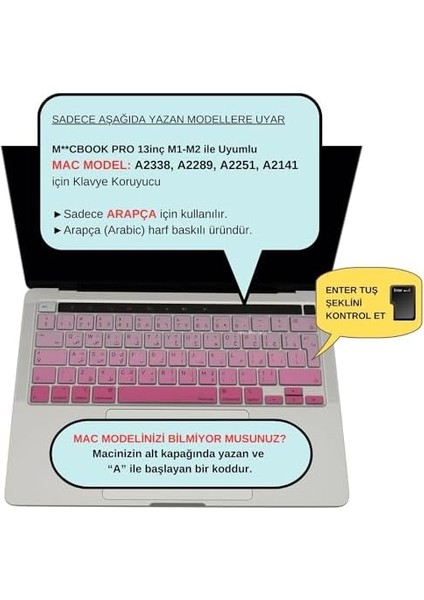 MacBook Klavye Koruyucu Kılıf Arapça Baskılı Uk-Ters L Enter Tipi Touchbar Pro 13-16 Inç A2251 A2289 A2338 A2141 Uyumlu, Ultra Ince Silikon Klavye Filmi Pembe modelleri