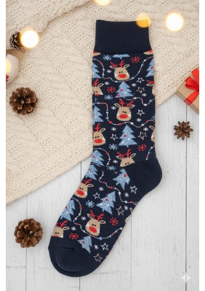 Unisex Yılbaşı Çorap Lacivert Pamuklu