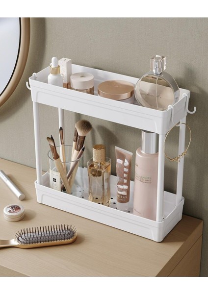 Ata Home Rafata Makyaj,takı ve Bakım Ürünleri Organizeri Rafı Standı Iki Katlı Askılı Kozmetik Düzenleyici, Beyaz