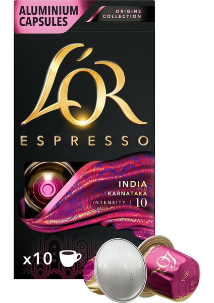 L'or - Espresso Kahve - India - Origins Collection - Yoğunluk 10 - Tatlımsı ve Hafif Baharat Notaları - 1 Paket x 10 Alüminyum Kapsül x 10 Kutu