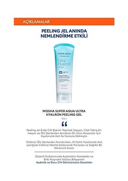 Mıssha Hyalüronik Asit Içeren Pürüzsüz Görünüm Veren Peeling 100ML Super Aqua Ultra Hyalron Peeling Gel fiyatları